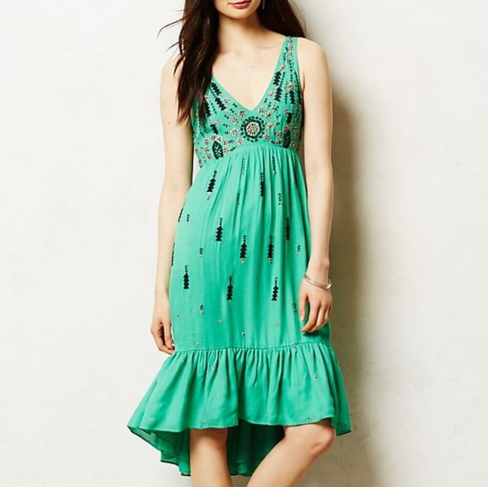 Floreat Anthropologie Embellished Ijada Stitched Shift Dress Green Size 6
